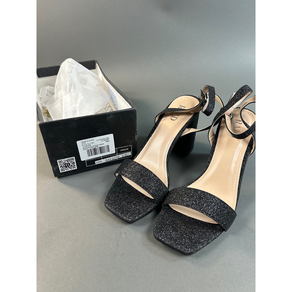 RAID Wink Black Glitter Mid Block Heel Sandals Square Toe Size US 7 EU 38 UK 5